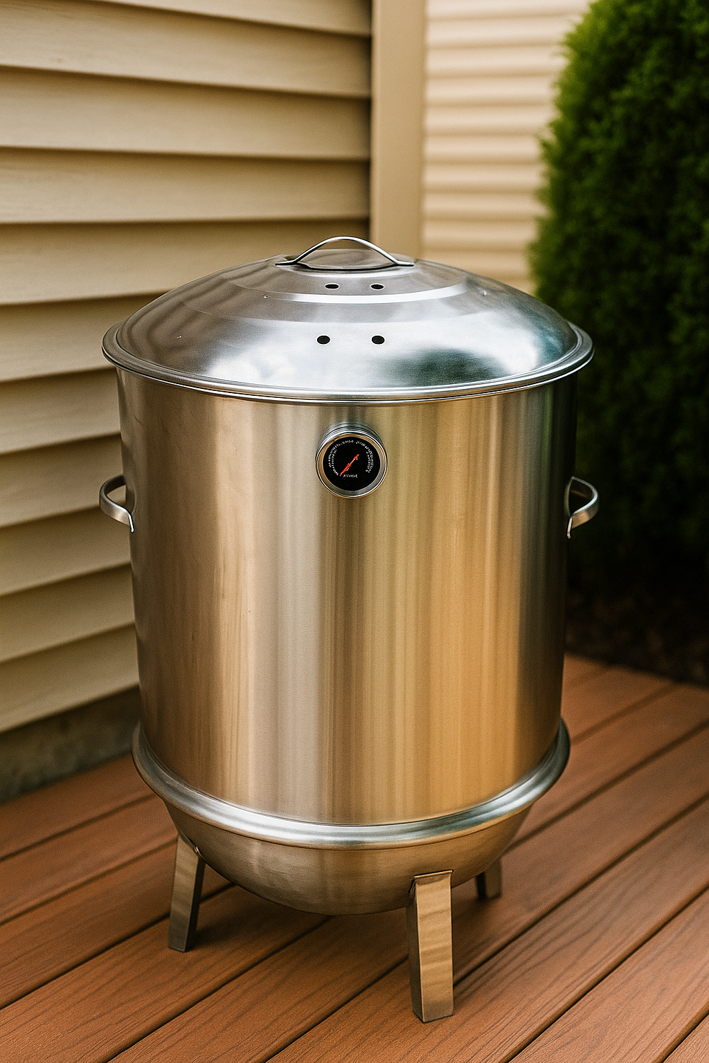 Stainless steel smoker on a wooden deck