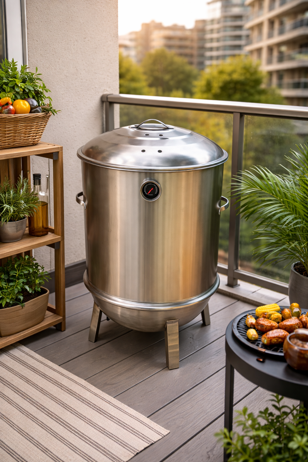 Stainless steel charcoal bbq smoker on a balcony with plants and food items around