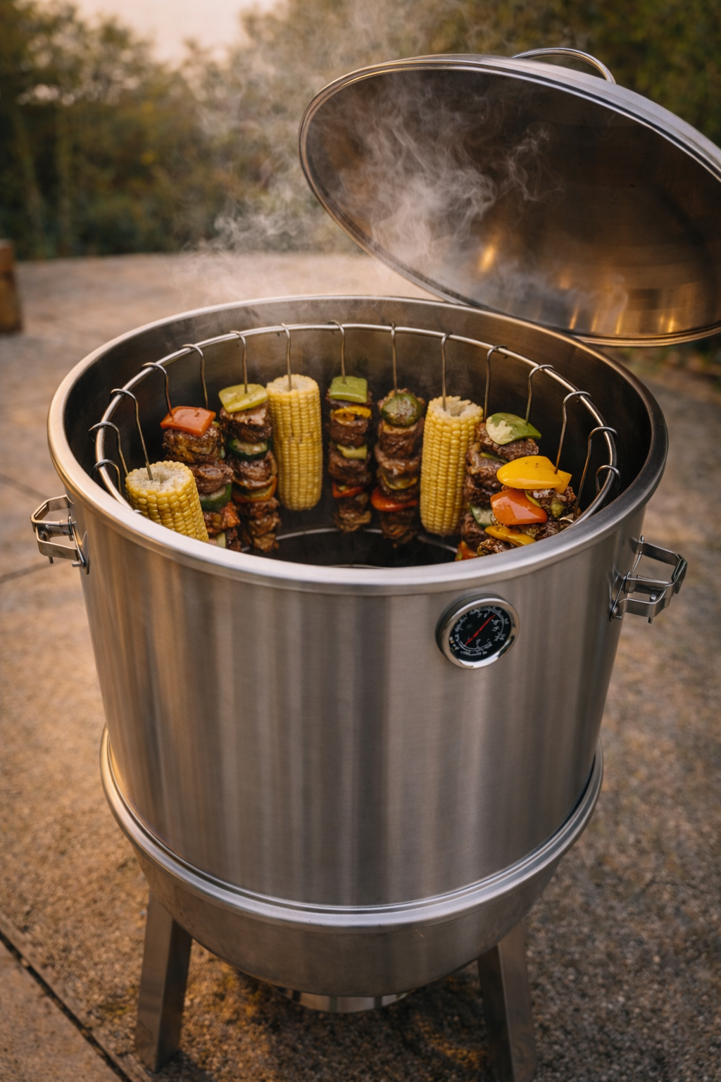 Stainless steel barrel grill with skewered vegetables and meats cooking outdoors.