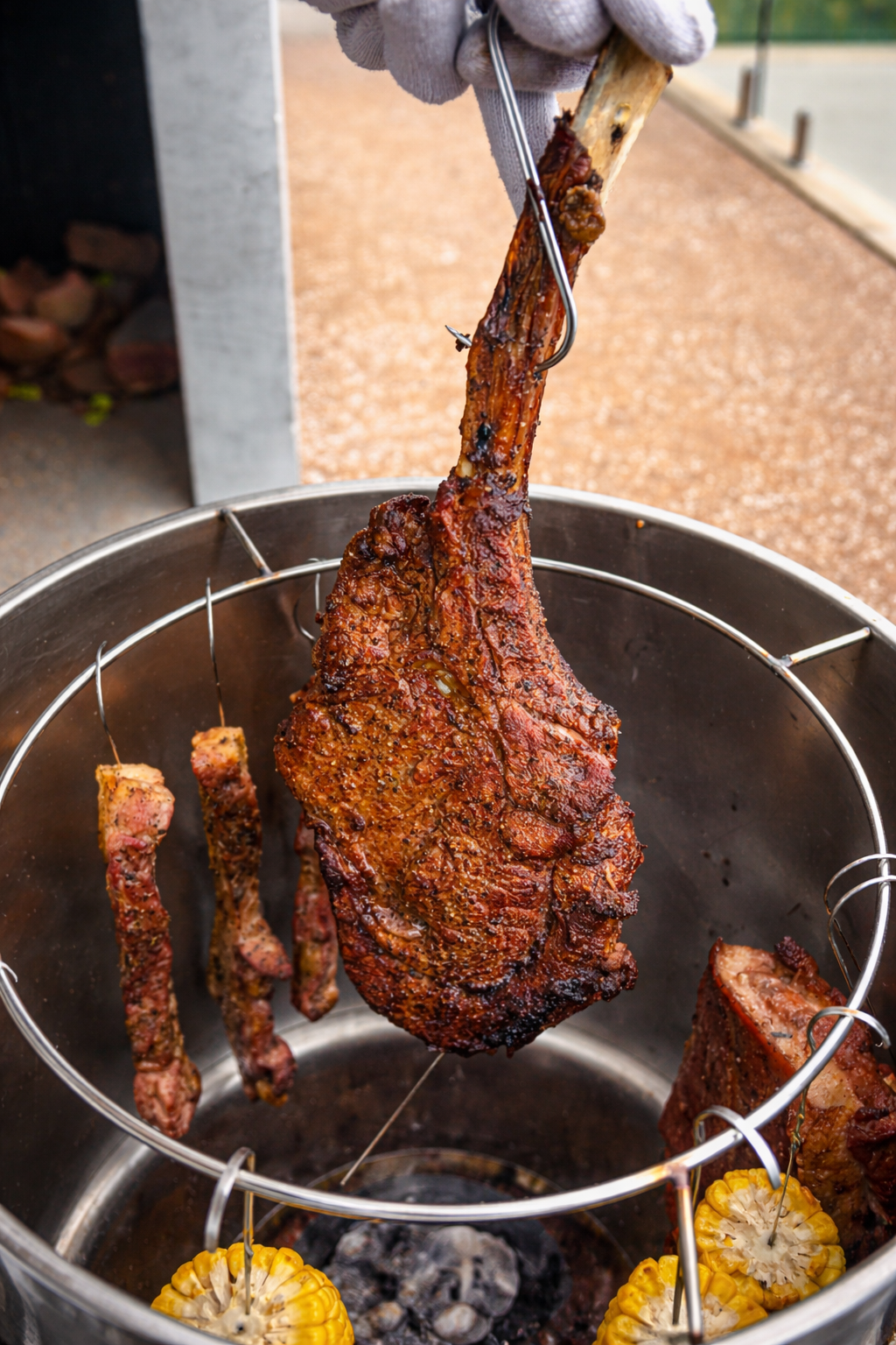 Stainless Steel Barrel Charcoal Smoker with Tomahawk steak