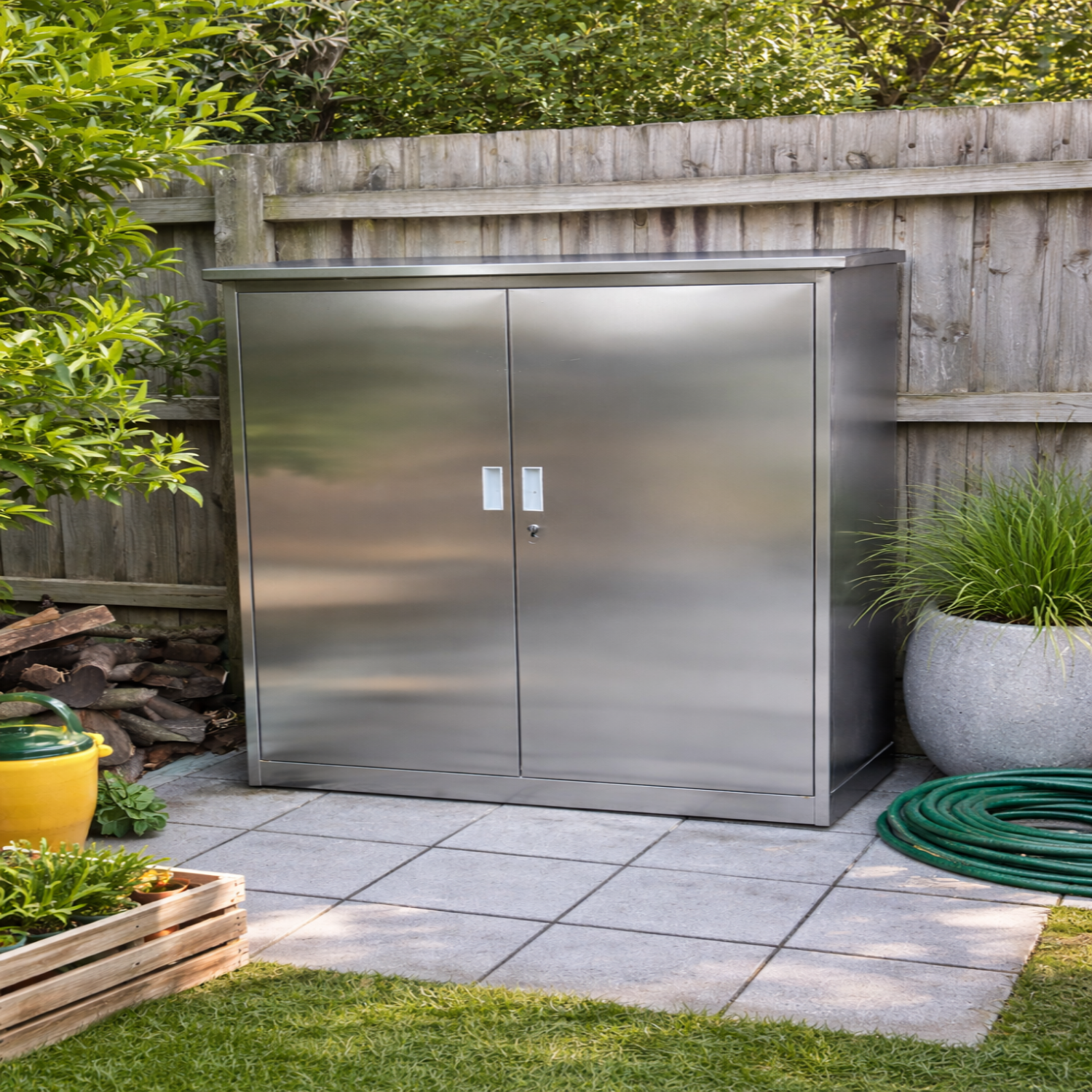 Stainless steel storage cabinet in a garden setting with a wooden fence and plants.