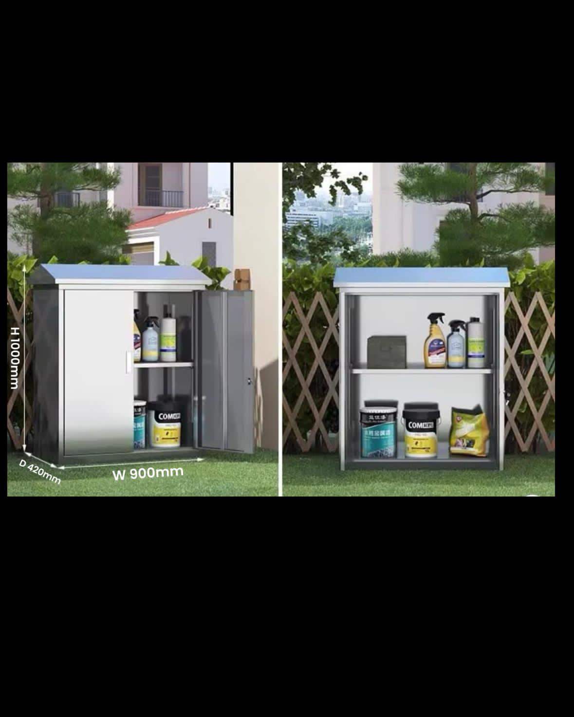 Small storage shed with shelves and products outdoors