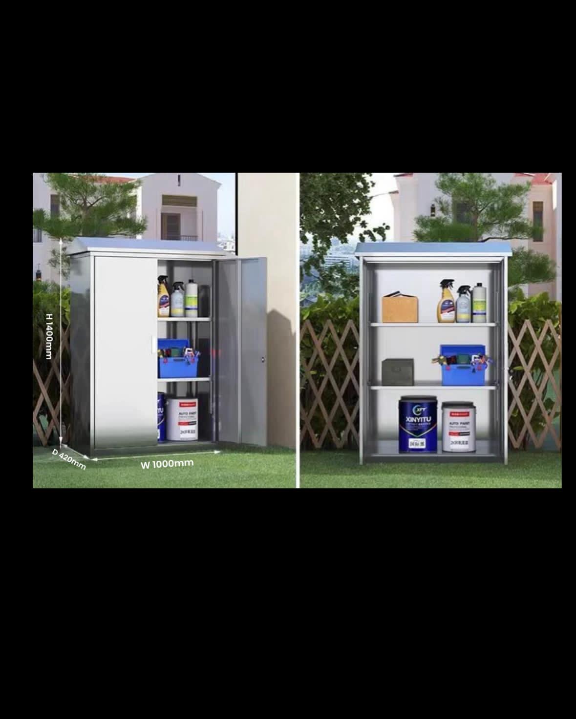 Two outdoor storage sheds with shelves and items on a grassy area.