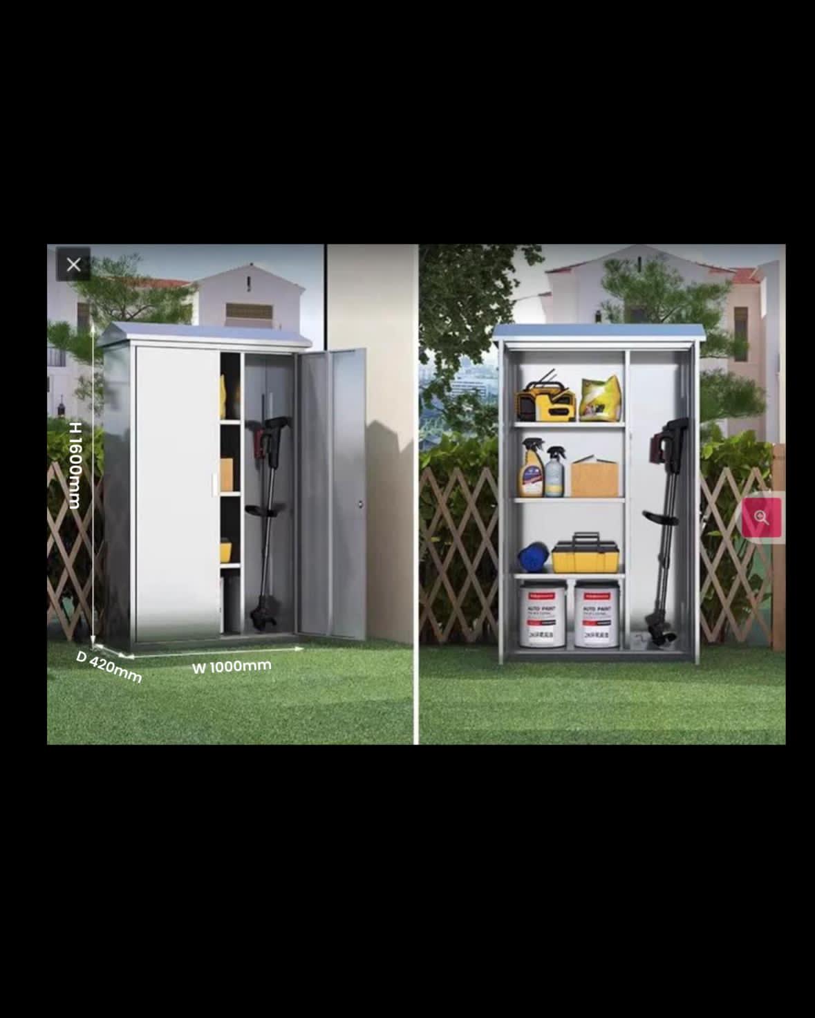 Small garden shed with storage shelves filled with tools and equipment, shown from two angles.