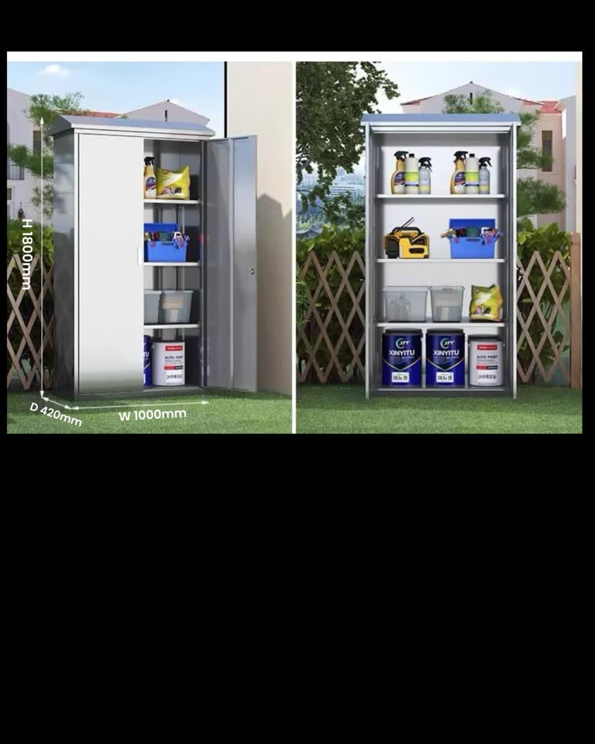Outdoor storage cabinet with shelves and items on a grassy area.