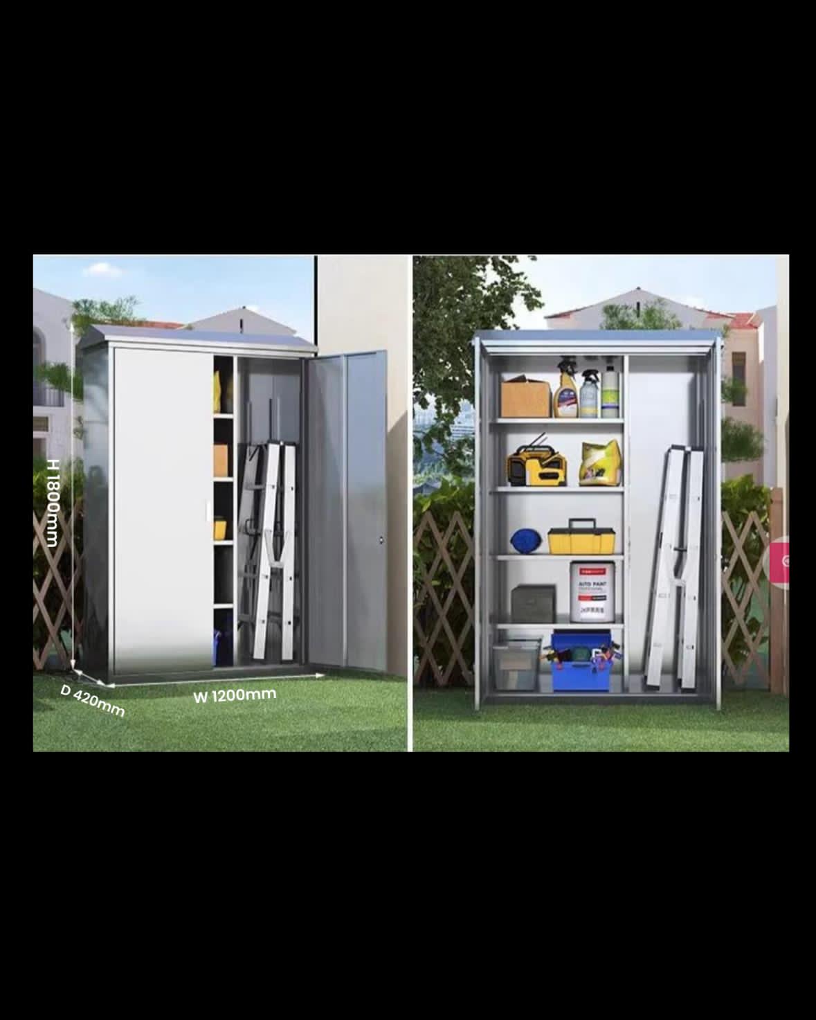 Two outdoor storage sheds with various items inside, one on grass and one against a building.