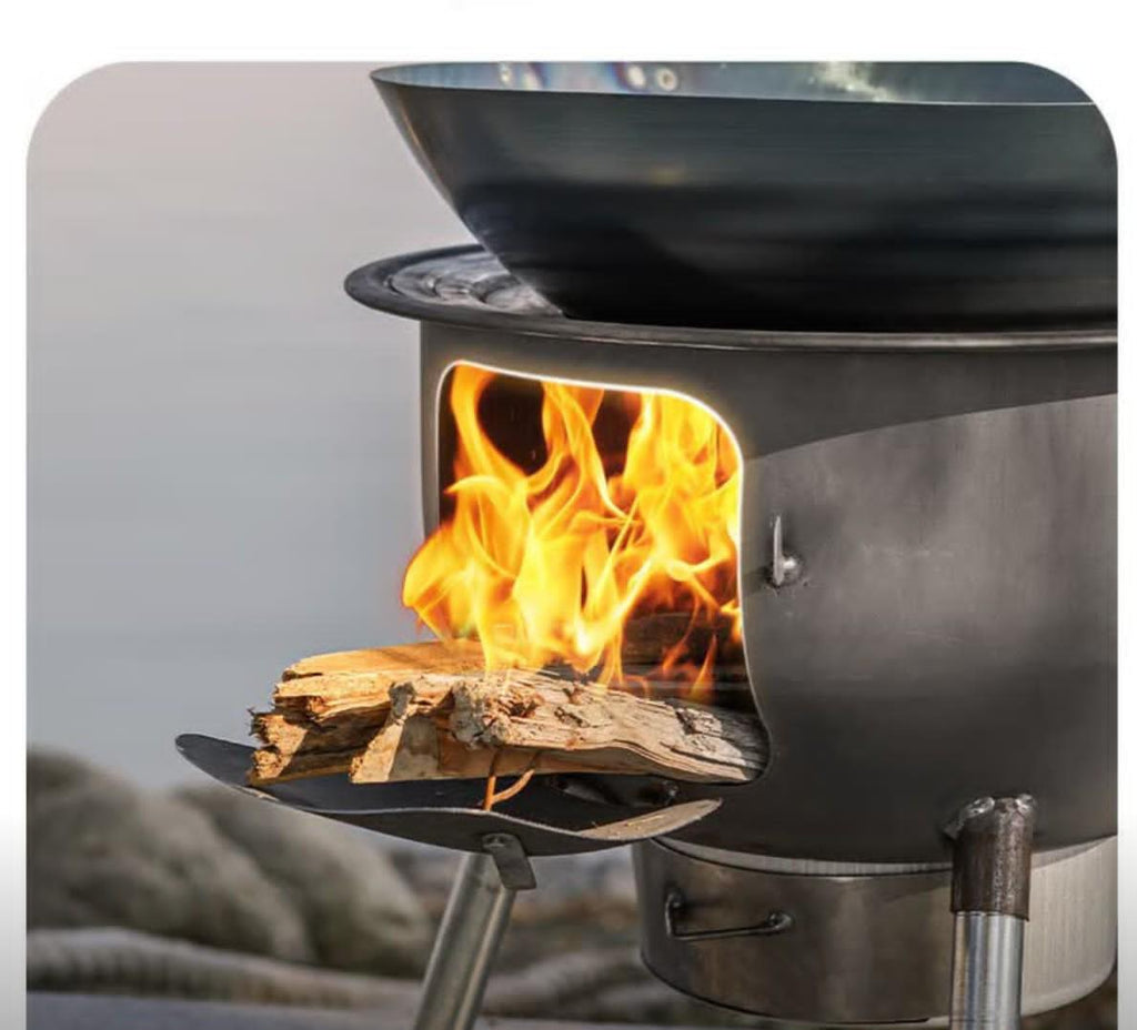 Wood-burning stove with flames and wood logs inside, on a neutral background