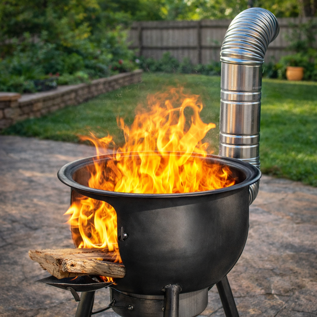 Black fire pit with flames and a metal duct on a patio