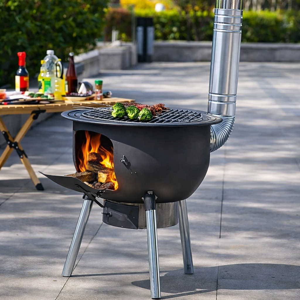 Outdoor grill with food being cooked on a patio
