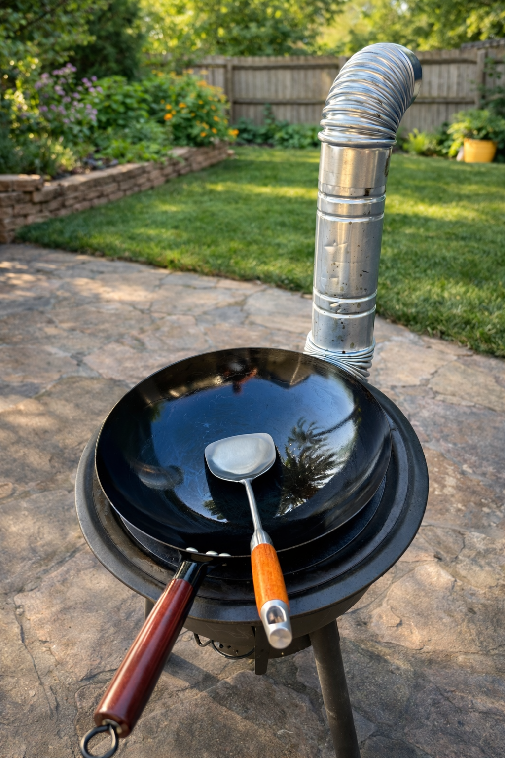 Outdoor cooking setup with a black frying pan, spatula, and metal duct on a stone surface.